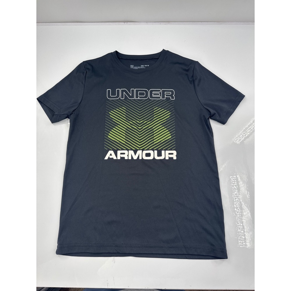 Under Armour Boys Graphic T-Shirt Gray Lime Green Logo Loose Fit Size Medium YMD